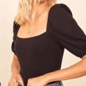 Reformation Ribbed Top with Puff Sleeve and Square Neck Line Size XS